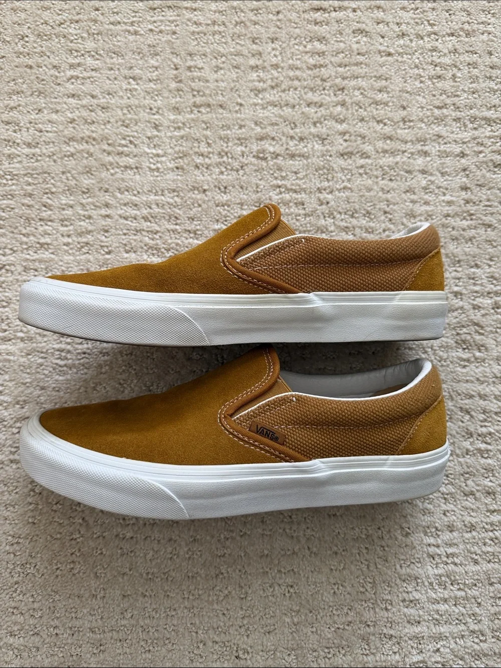Vans Slip-On Suede Loafers in Mustard Brown and White